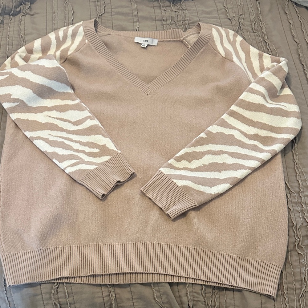 Fate Women's Beige Zebra V-Neck Sweater